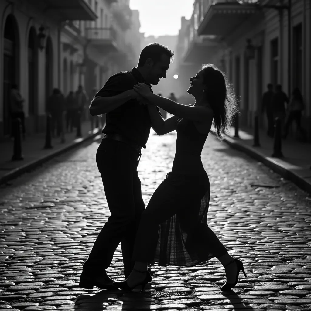 Pareja bailando tango en la calle
